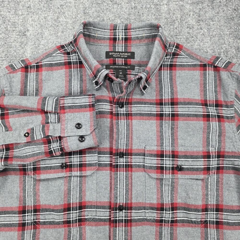 Banana Republic Shirt Mens Tall Medium Gray Plaid Flannel Untucked Standard Fit